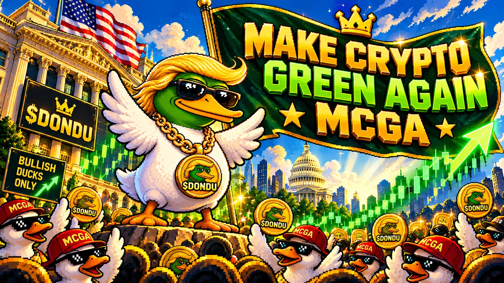 Donald Duge raises white feathered wings beneath a Make Crypto Green Again banner