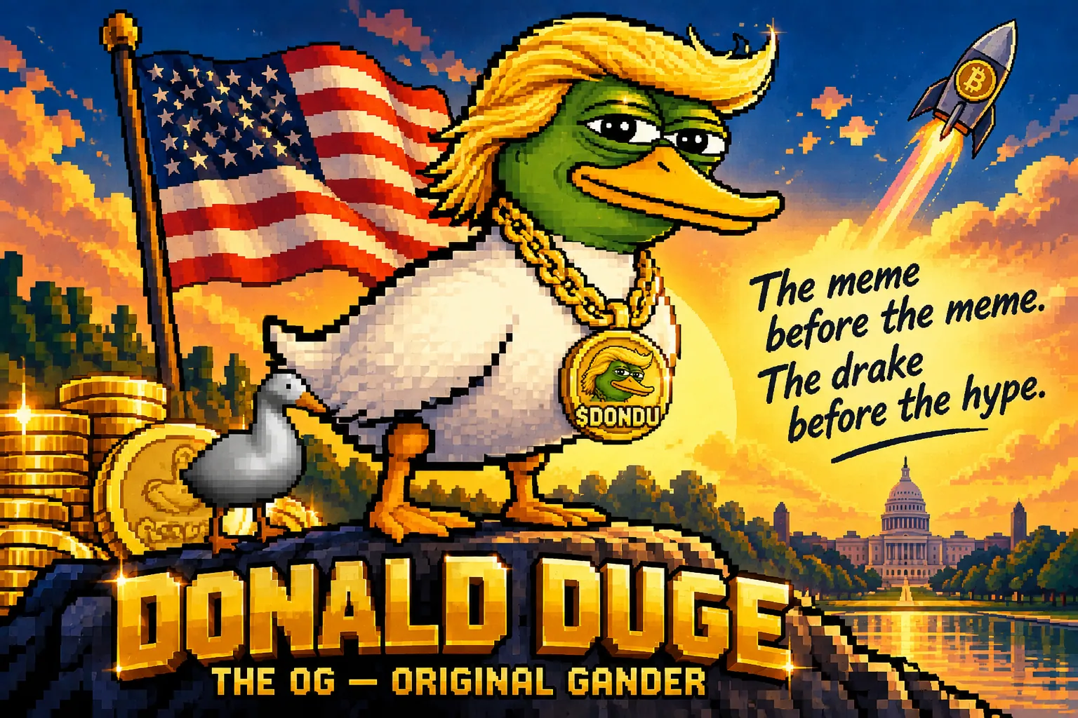 Retro pixel-art tribute to the gray-and-white Duge duck beside modern Donald Duge