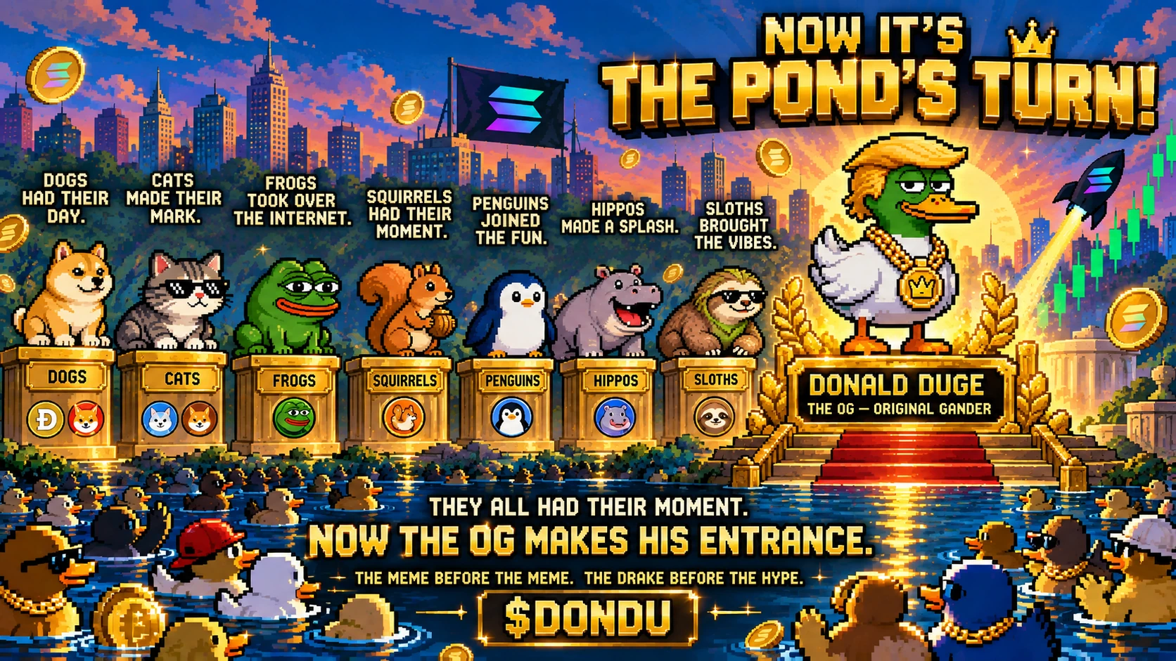 8-bit animal meme evolution: dogs, cats, frogs, squirrels, penguins, hippos, and sloths on gold pedestals, with Donald Duge taking center stage