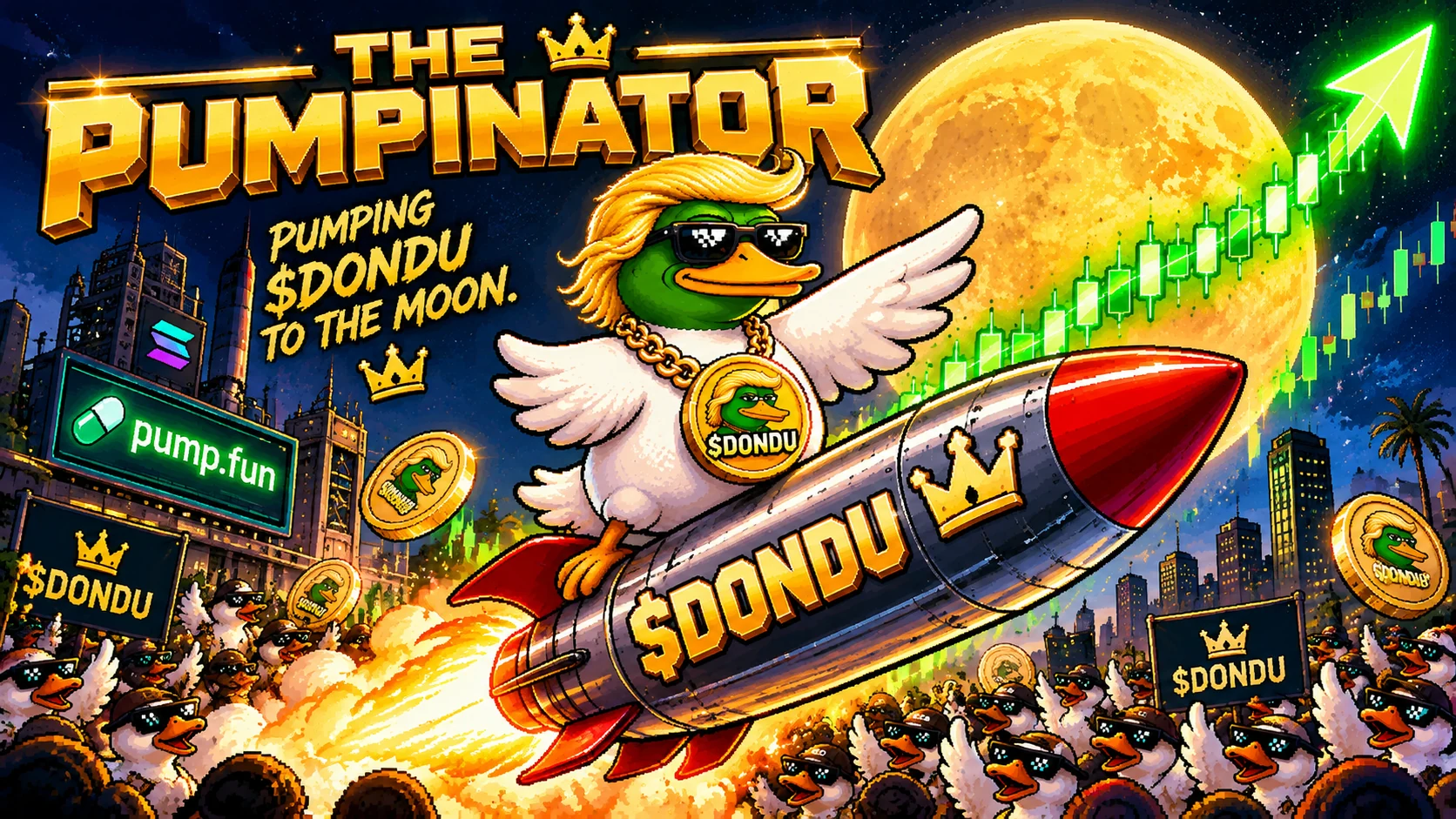 The Pumpinator, Donald Duge riding a rocket in a satirical crypto meme illustration